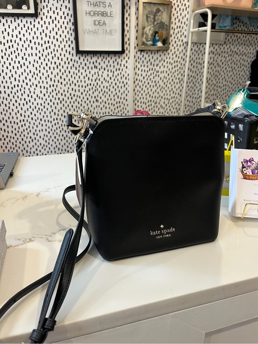 kate spade black leather small bucket tote crossbody with gold-tone hardware NWT